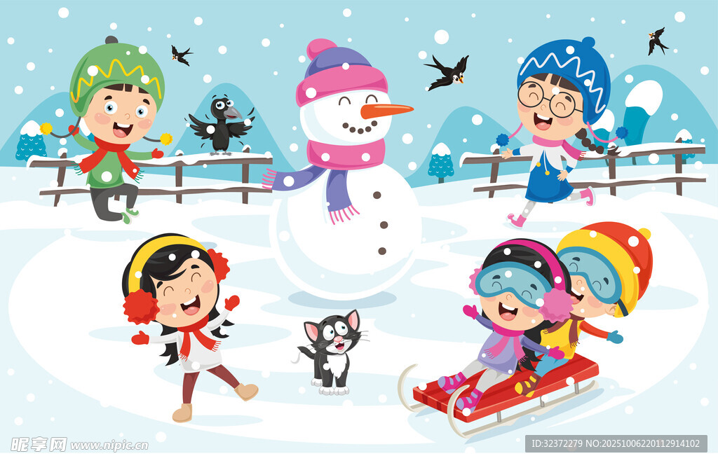 兒童冬日雪地歡樂玩耍