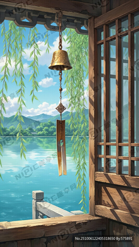 一扇古樸的窗戶 窗戶上掛著風(fēng)鈴