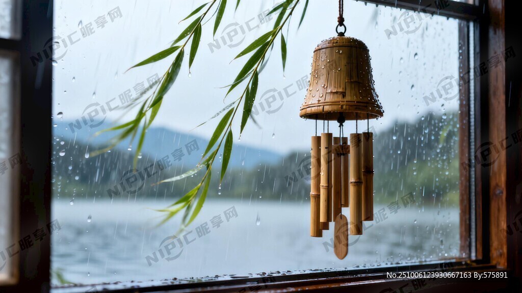 窗戶上掛著竹風(fēng)鈴 風(fēng)鈴 高清