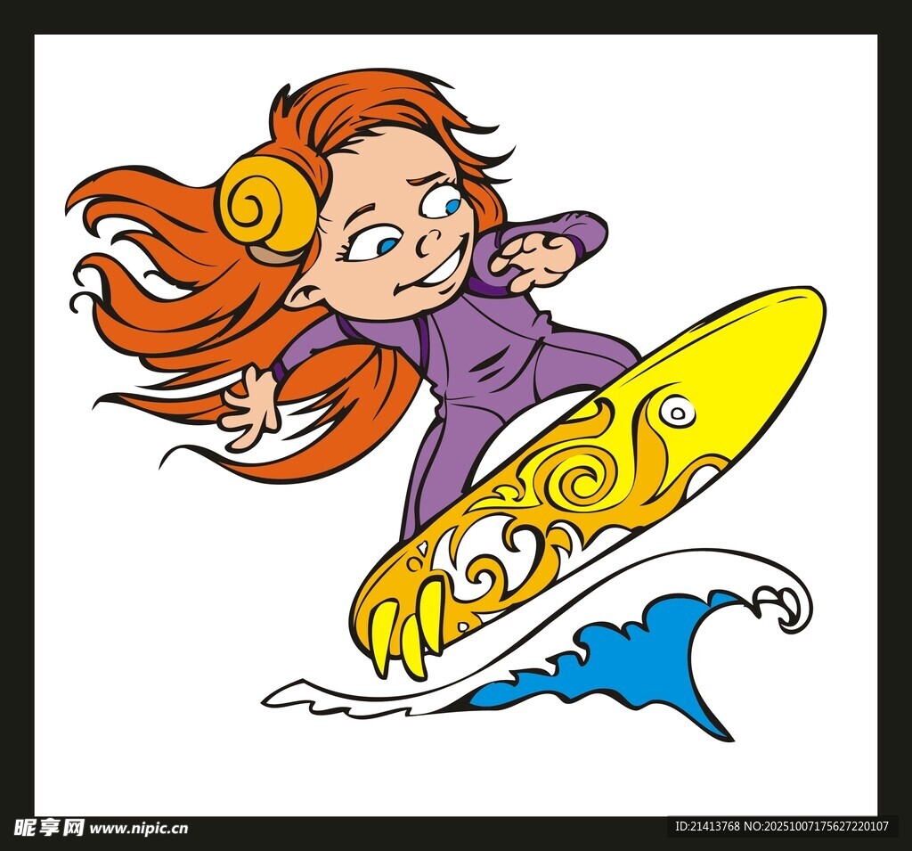 女孩快樂沖浪卡通插畫
