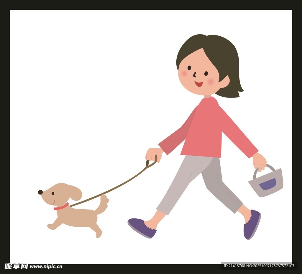女孩牽小狗散步