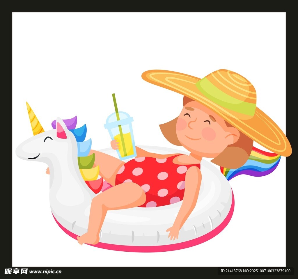 女孩乘獨角獸泳圈愜意戲水