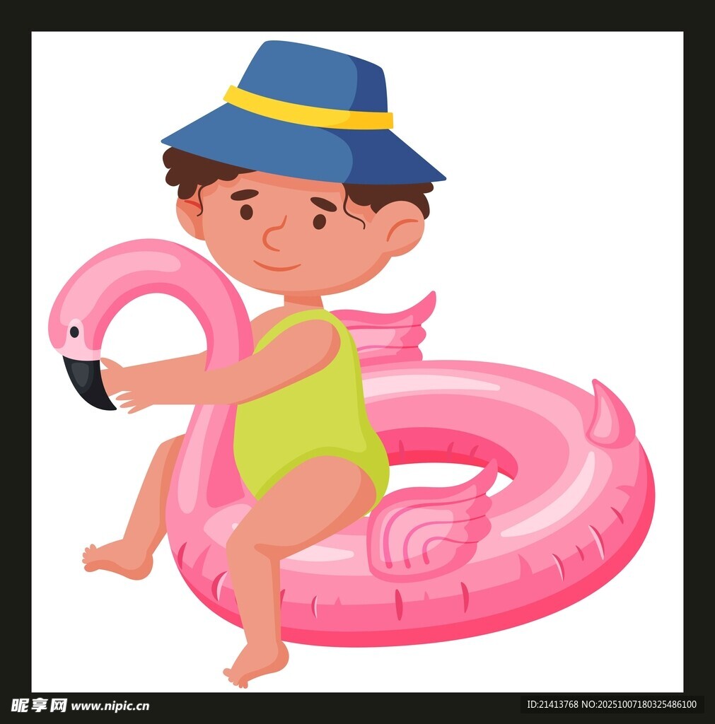 男孩坐粉色火烈鳥游泳圈