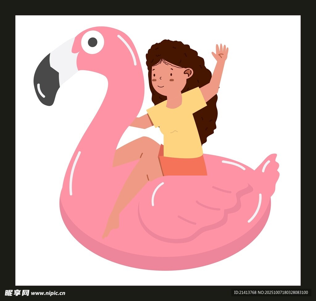女孩騎粉色火烈鳥游泳圈