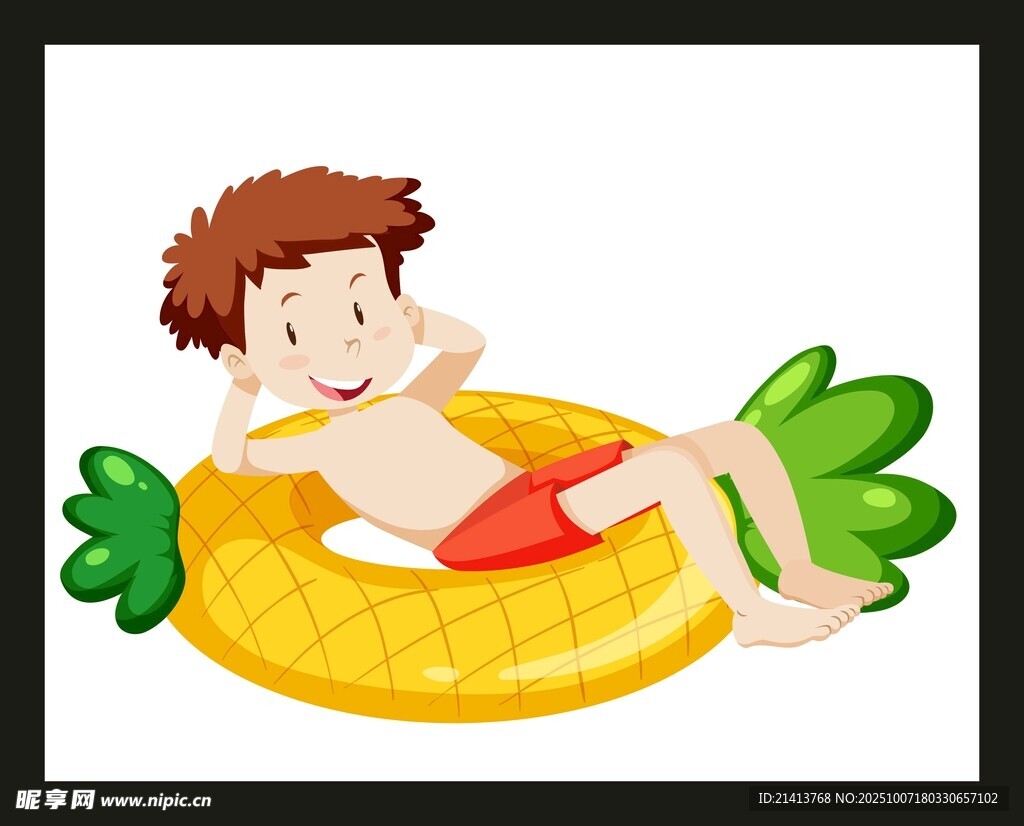 男孩愜意漂浮在菠蘿泳圈上