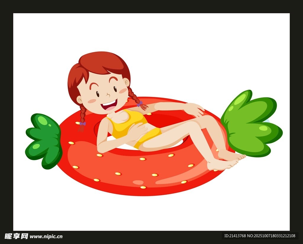 女孩愜意躺草莓浮圈上
