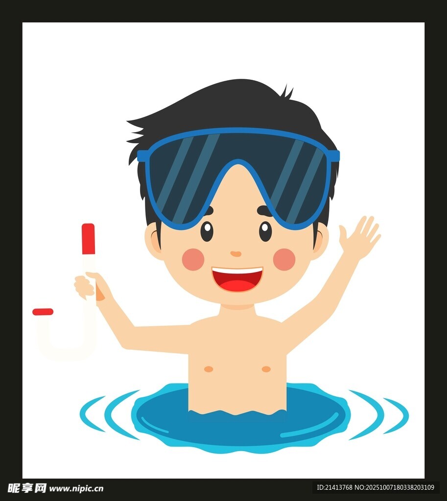 男孩泳池中戴泳鏡歡樂戲水