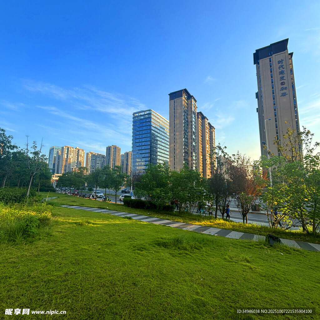 城市綠地旁的現(xiàn)代高樓景觀