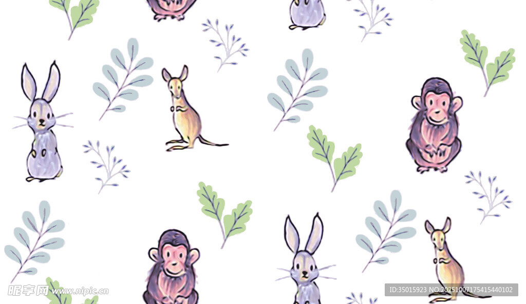 可愛動物植物無縫圖案