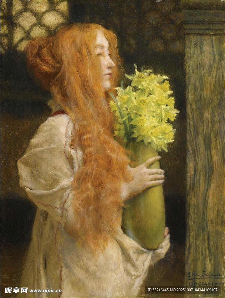 紅發(fā)女子手持黃花花瓶