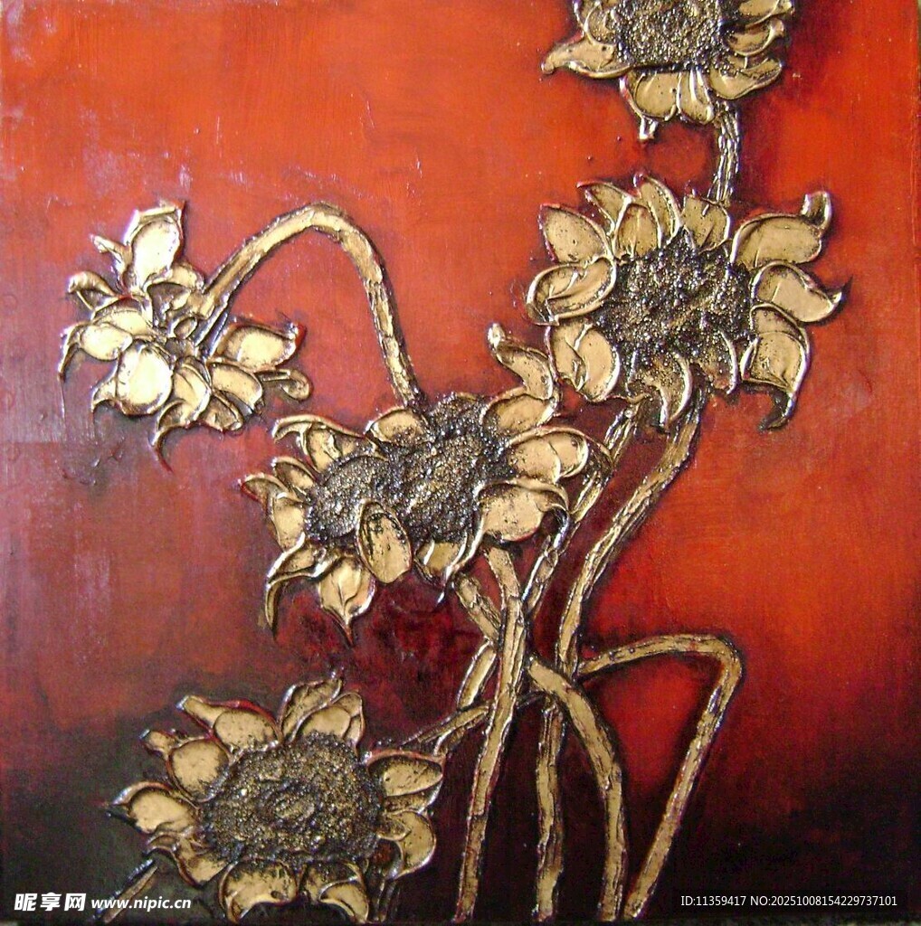 紅色背景下的金色花卉畫作