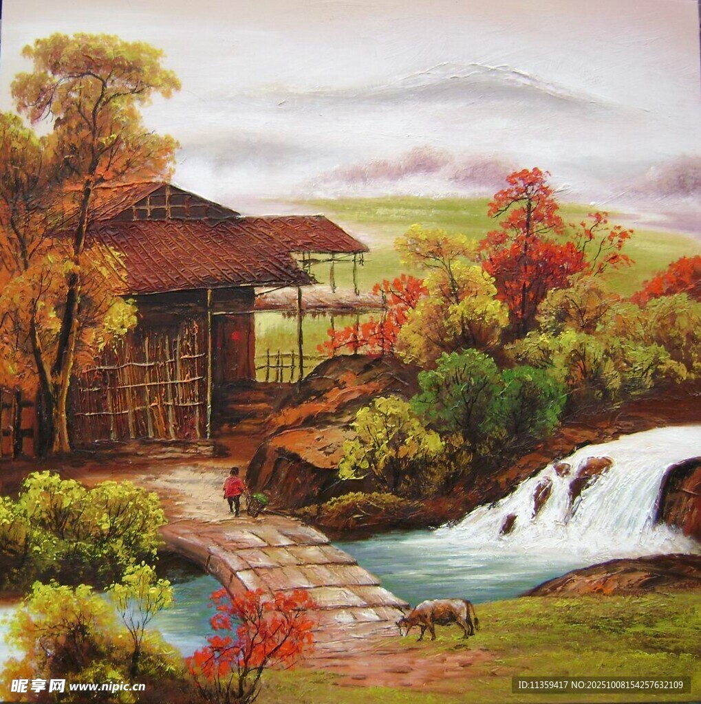 秋日溪邊木屋田園美景