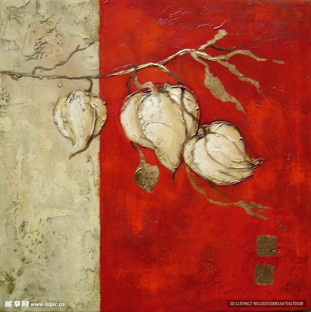 紅底枯枝掛果藝術(shù)畫作