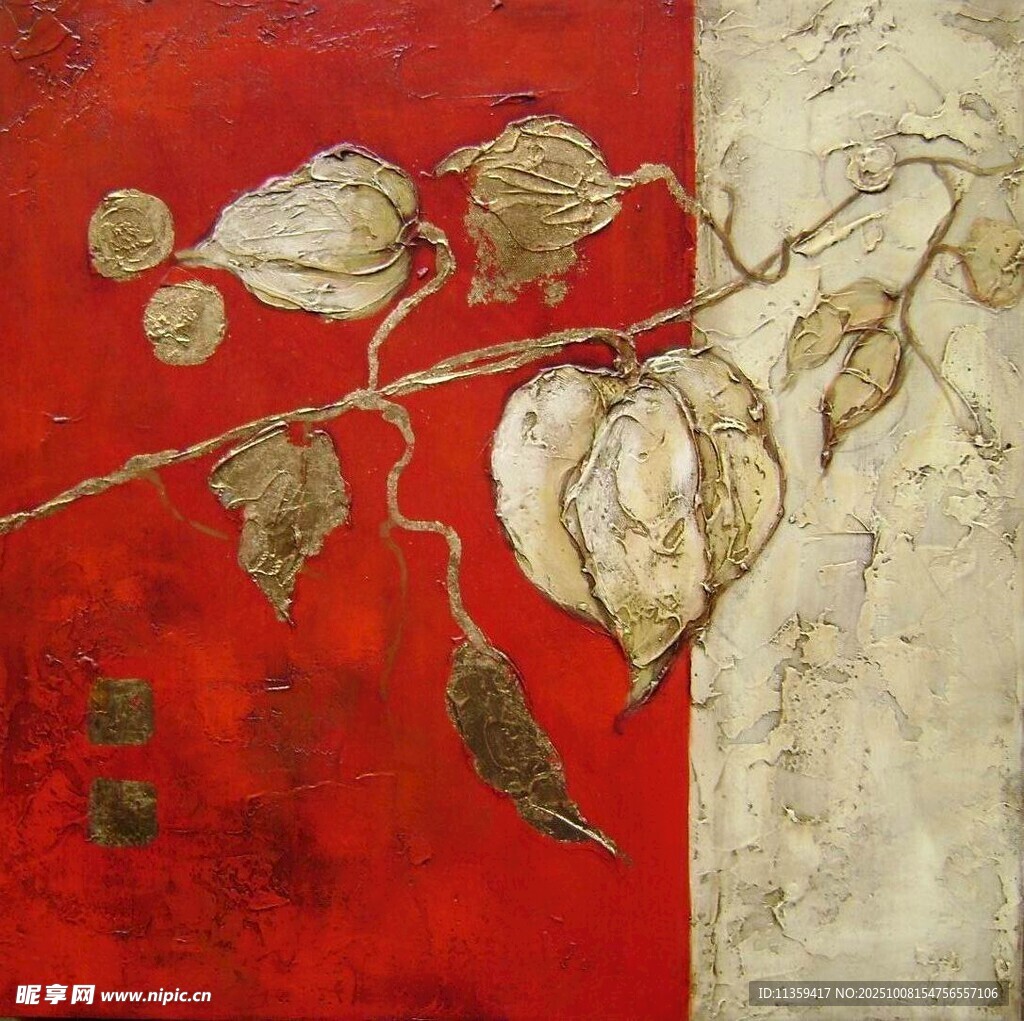 紅底金枝花卉藝術(shù)畫作