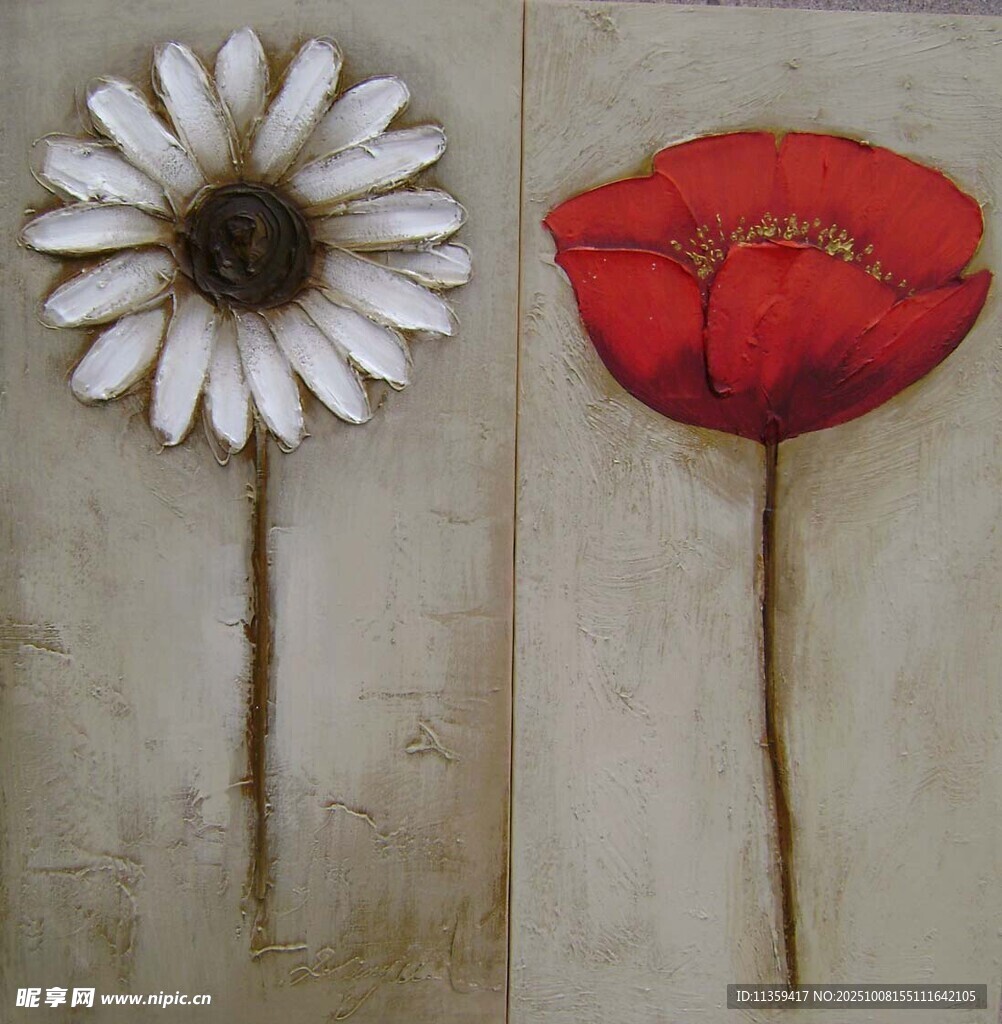 兩朵花卉油畫作品展示