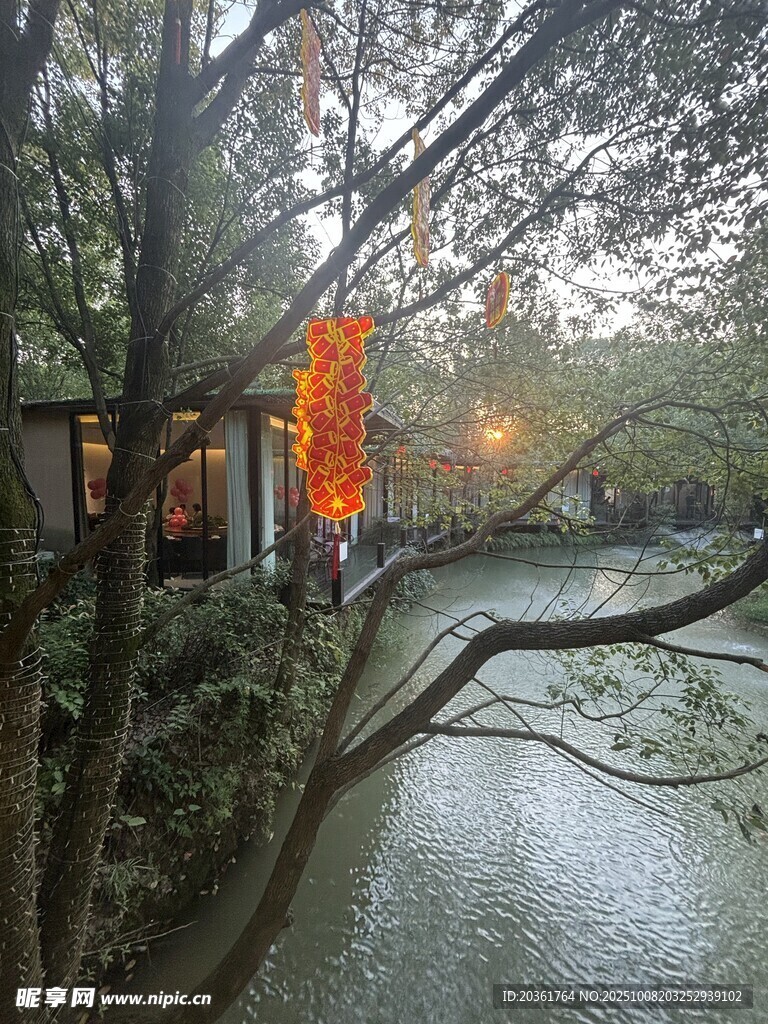 河畔林間小屋的靜謐景致