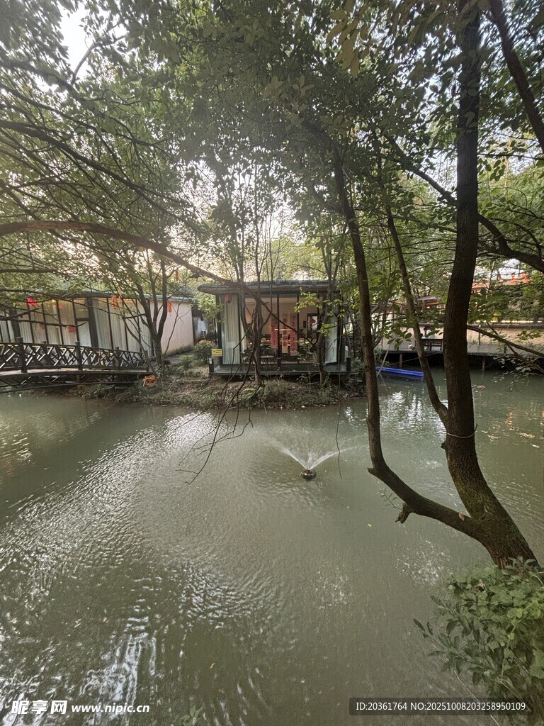 河畔綠樹(shù)環(huán)繞的靜謐水景