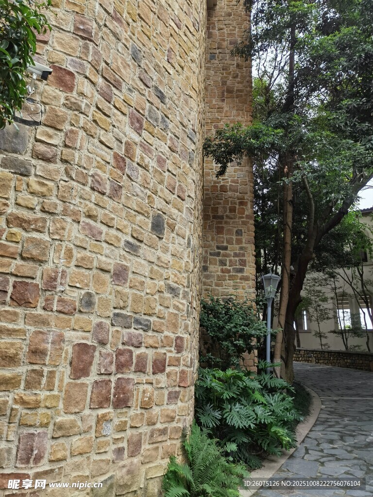 磚墻旁的綠植小徑