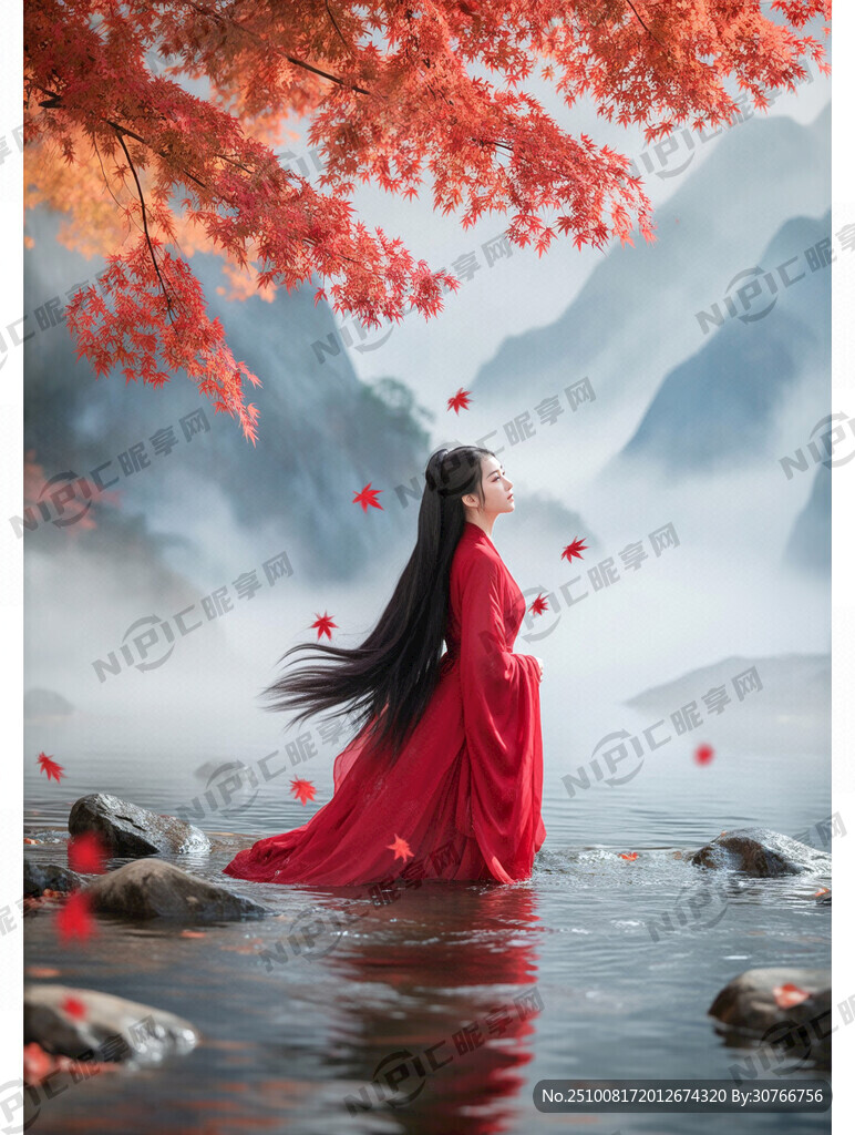 紅色楓葉 流水 長發(fā)美女