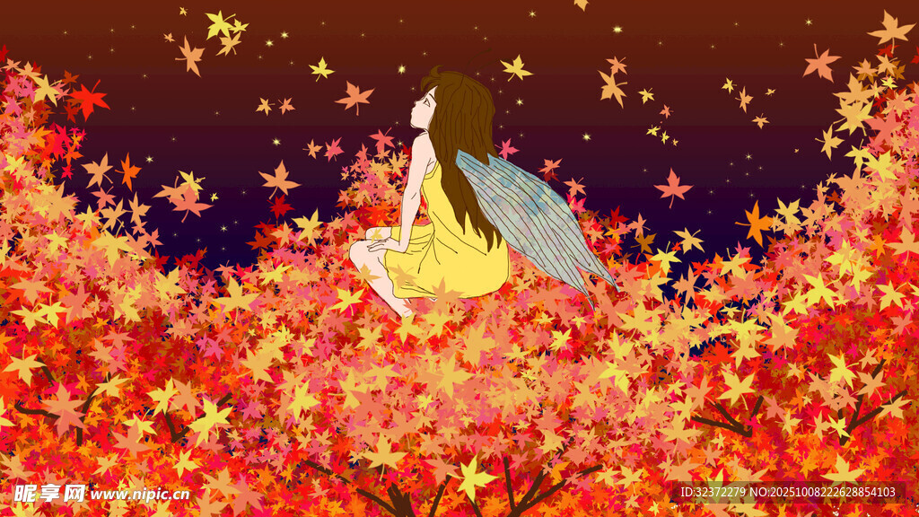 女孩于紅葉間靜賞夜色