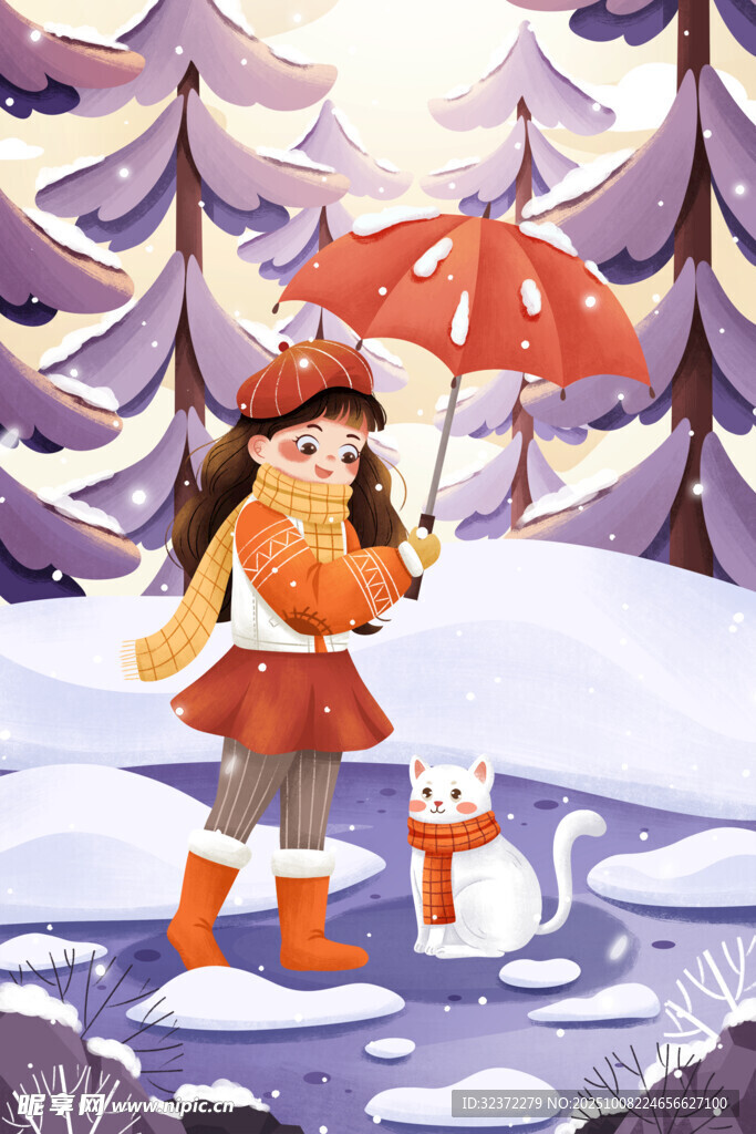 雪中撐傘女孩與小雪人
