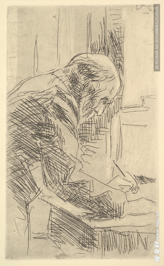 老人伏案素描圖