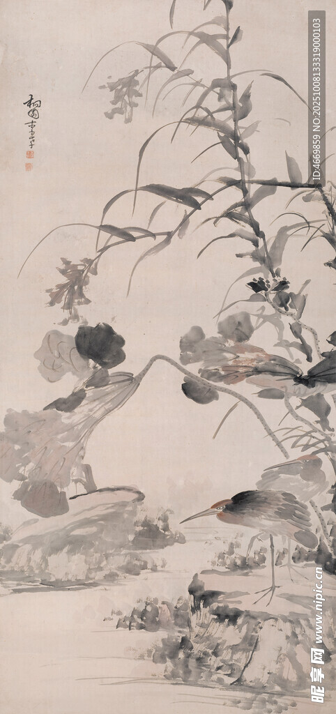 古代人物花鳥水墨畫場景