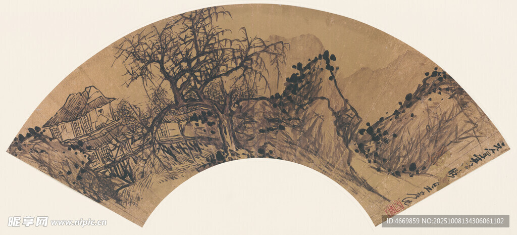 古扇面山水墨畫作品