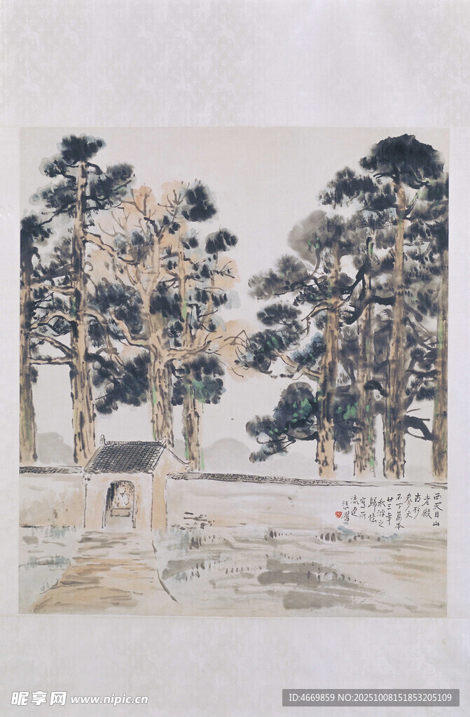 中式雪景松林小屋圖