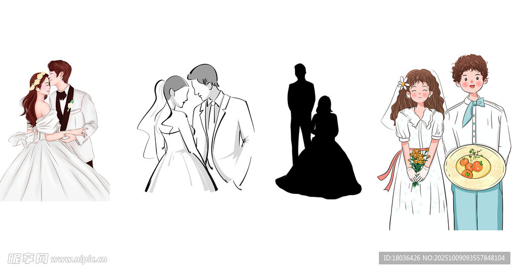 婚禮情侶新郎新娘手繪插畫png