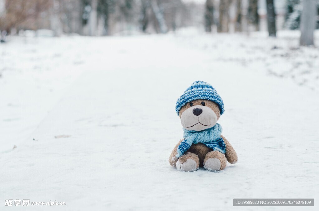 雪地中的可愛(ài)毛絨小熊