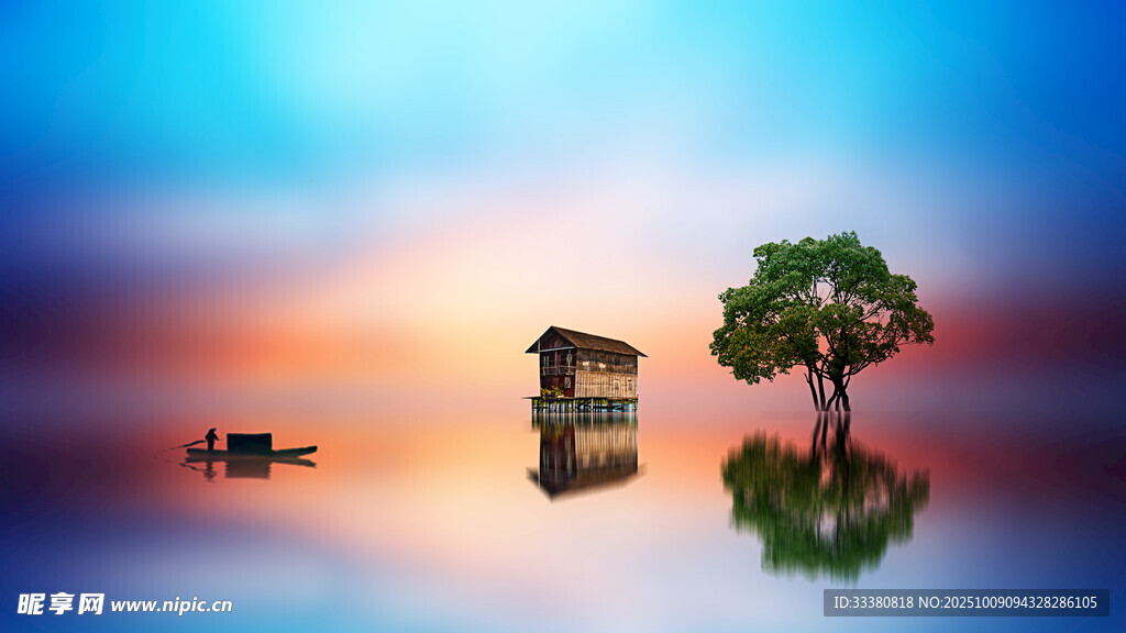 湖畔小屋樹影