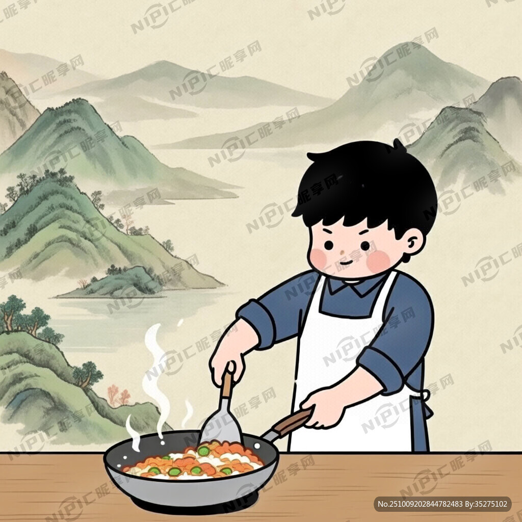 卡通男生炒飯 鍋 鍋鏟 圍裙