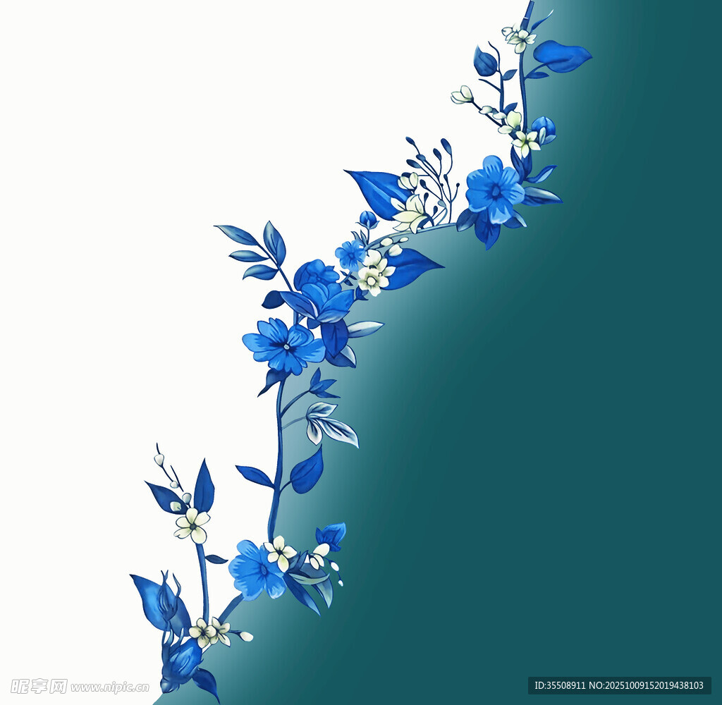 藍(lán)花綠葉裝飾邊框圖案