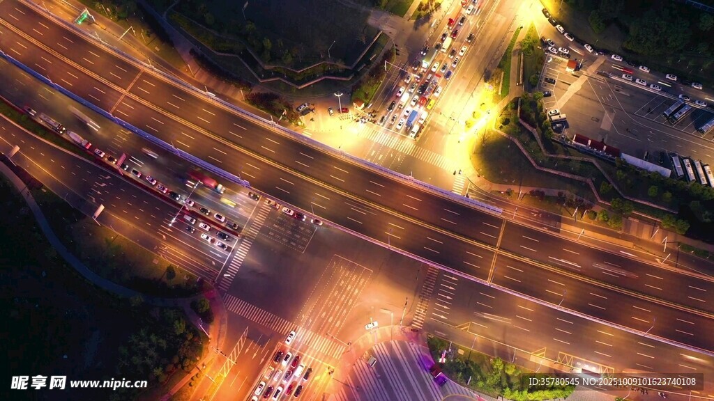 城市夜景交通路口俯瞰