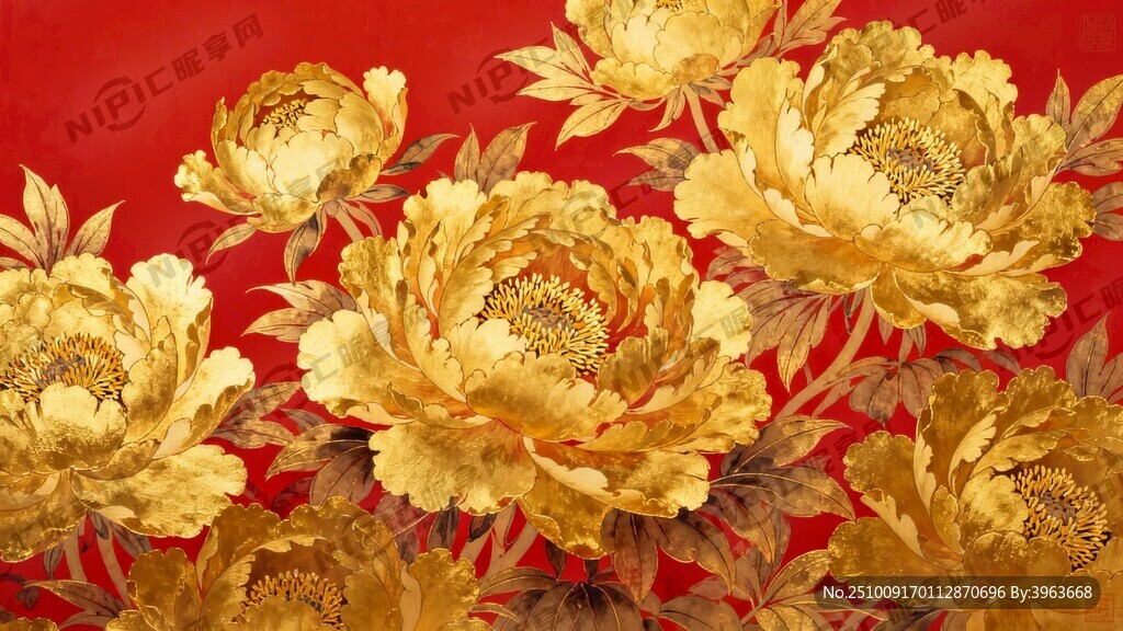 金色牡丹組成全畫面 底色紅色
