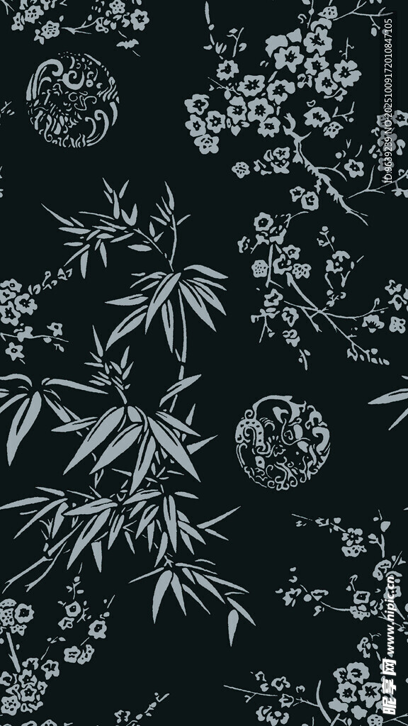 中式黑白花鳥竹紋圖案