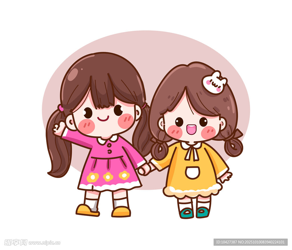 可愛雙馬尾女孩手牽手