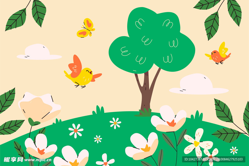 春日草地飛鳥(niǎo)綠樹(shù)風(fēng)景圖