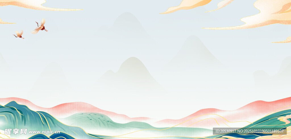 水墨風山海飛鳥夢幻圖景