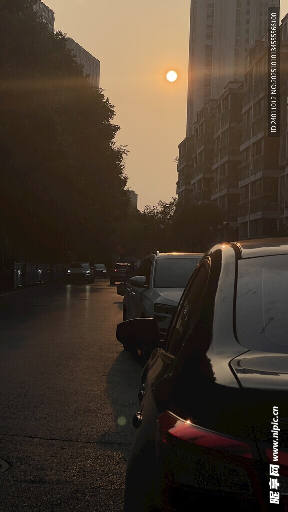 夕陽下的城市街道與車輛