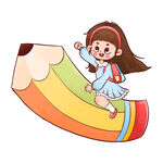 女孩騎彩色鉛筆快樂飛翔