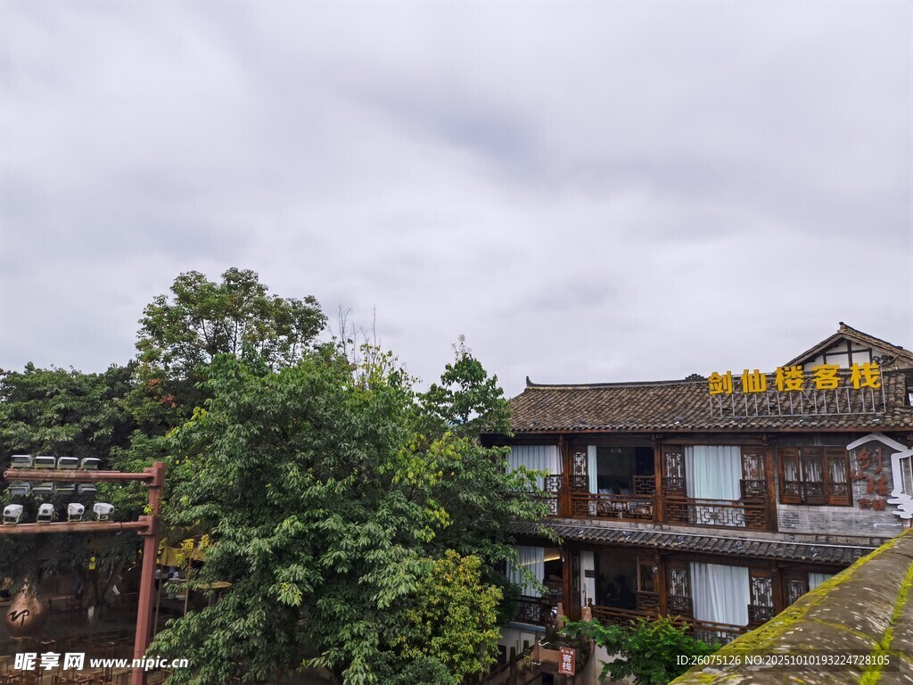中式古建庭院綠樹環(huán)繞