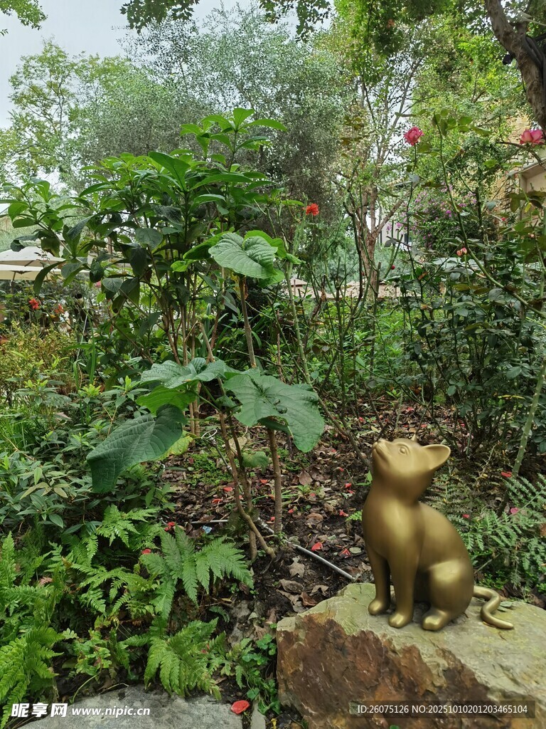 花園中的金色小貓雕塑