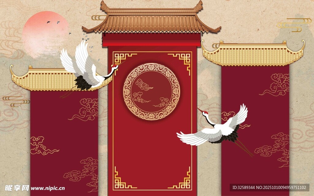 中式門樓與雙飛白鴿