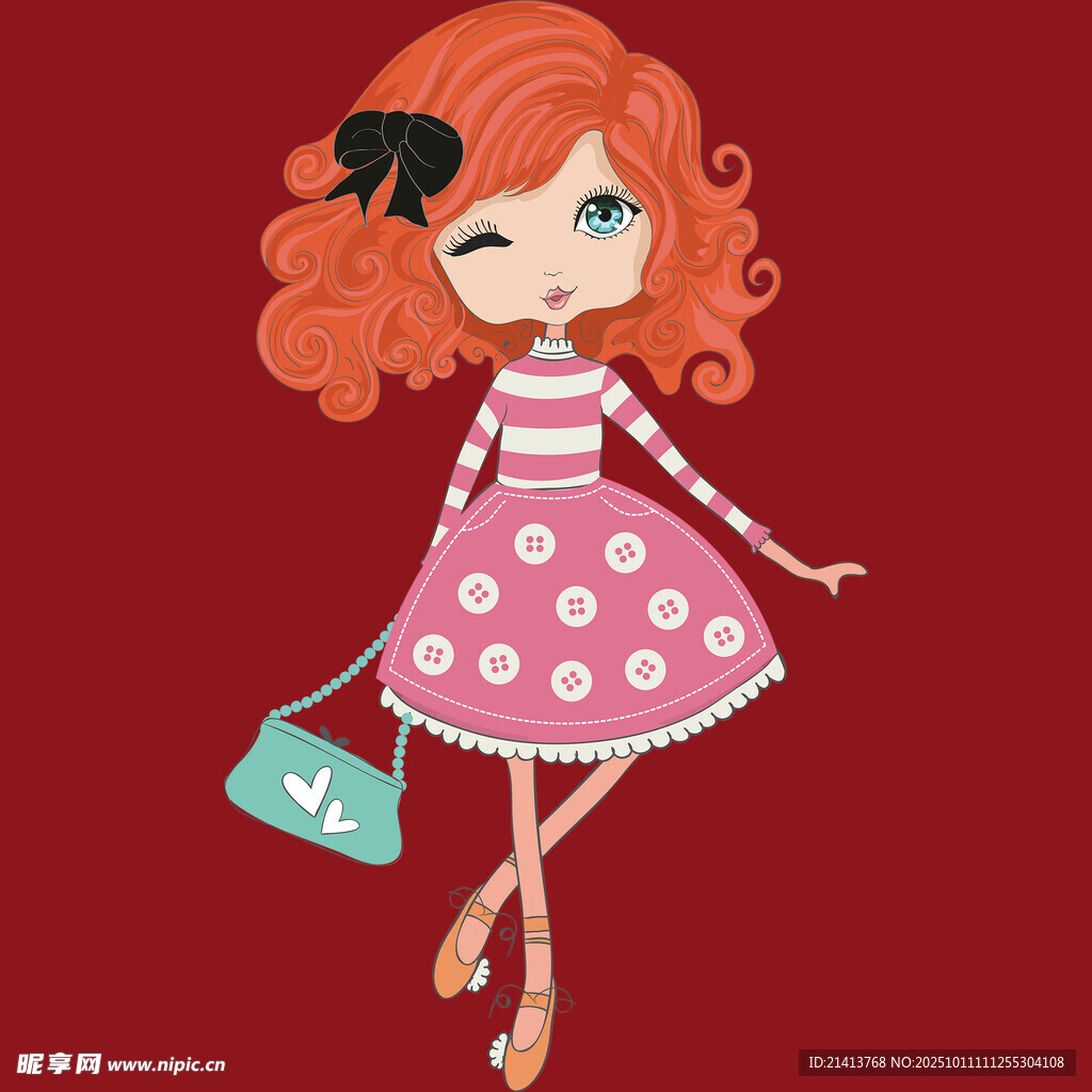 紅發(fā)女孩拎包時尚插畫