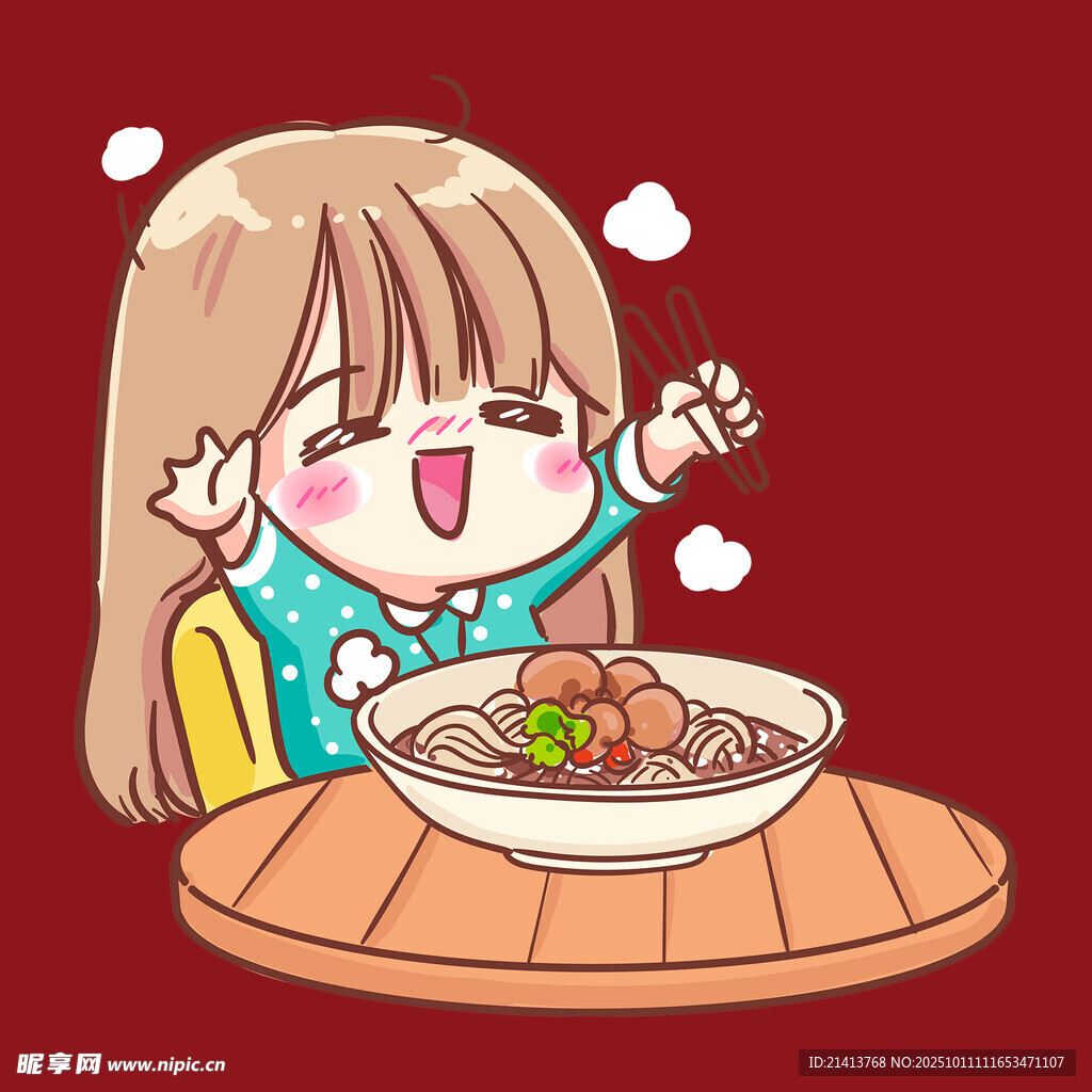 女孩開心享用美味面條