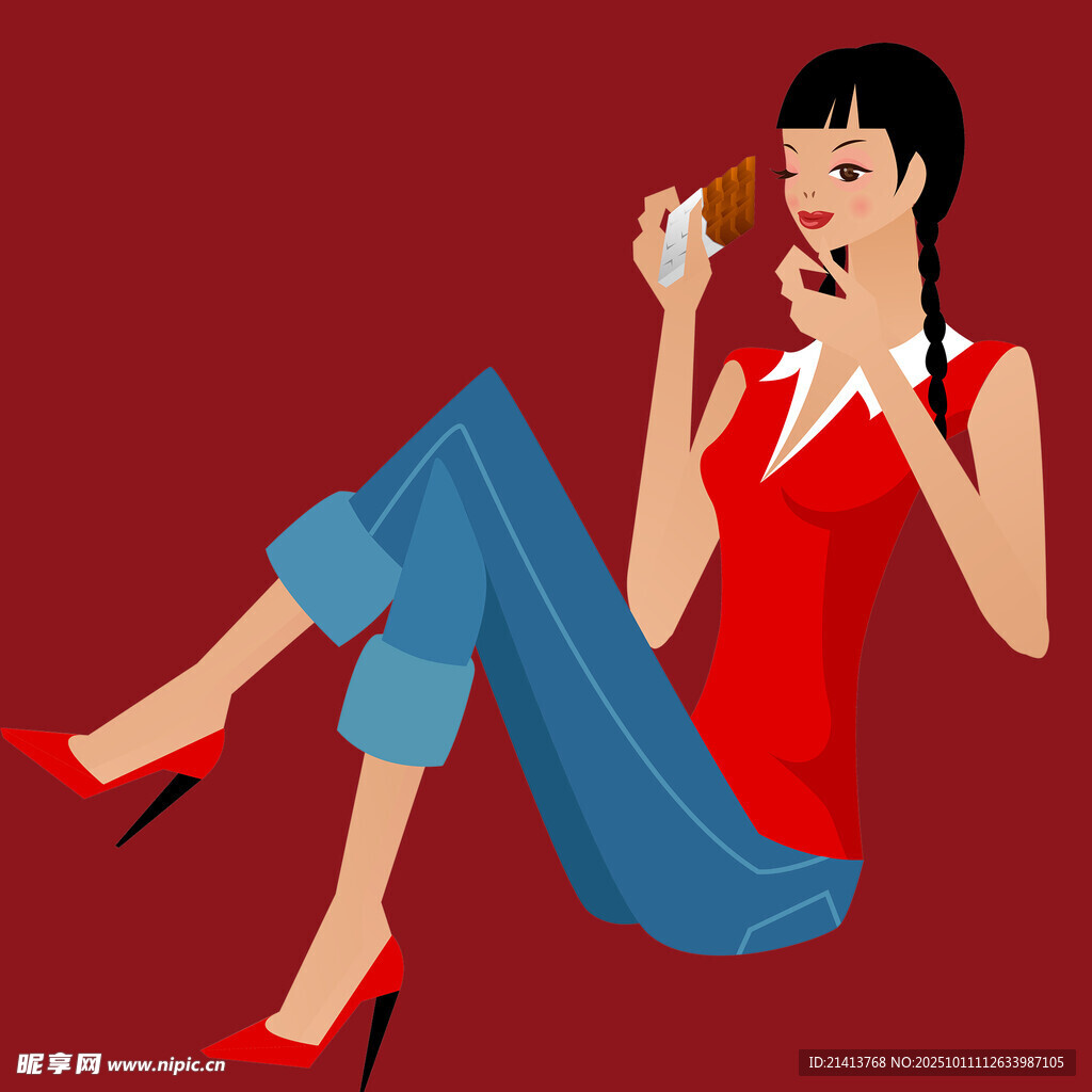 紅衣女子愜意吃冰淇淋