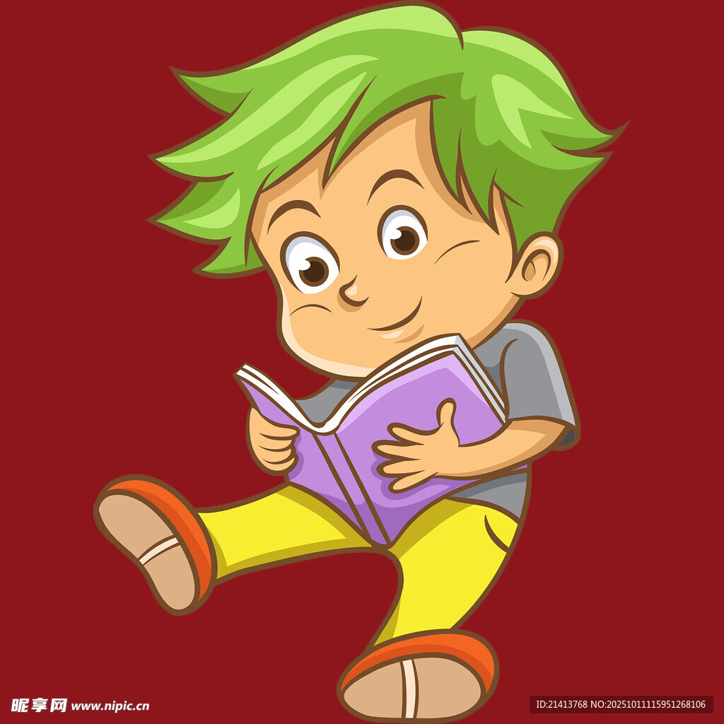 綠發(fā)男孩開心閱讀瞬間