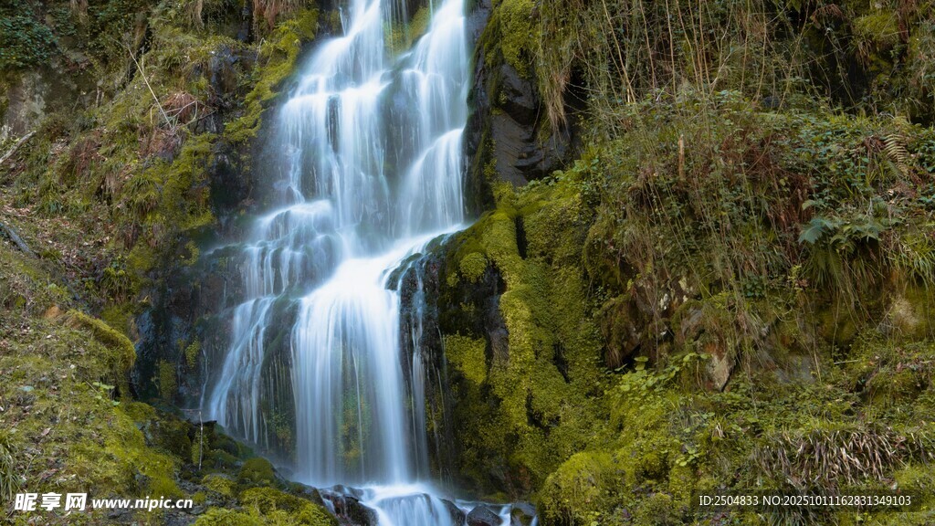 山間潺潺小瀑布美景